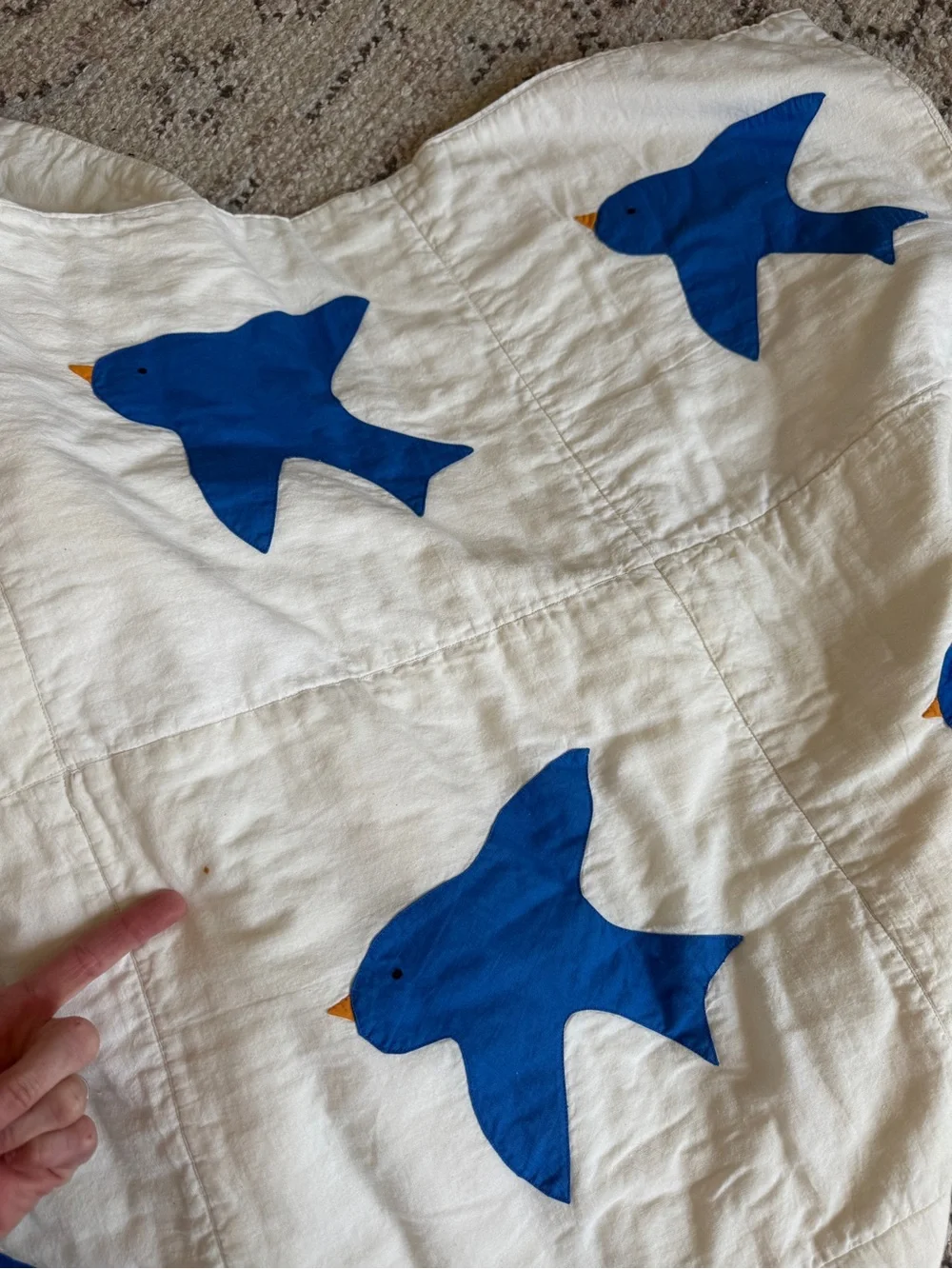 Handmade quilt vintage antique blue bird feed sack flour tea towel repurposed